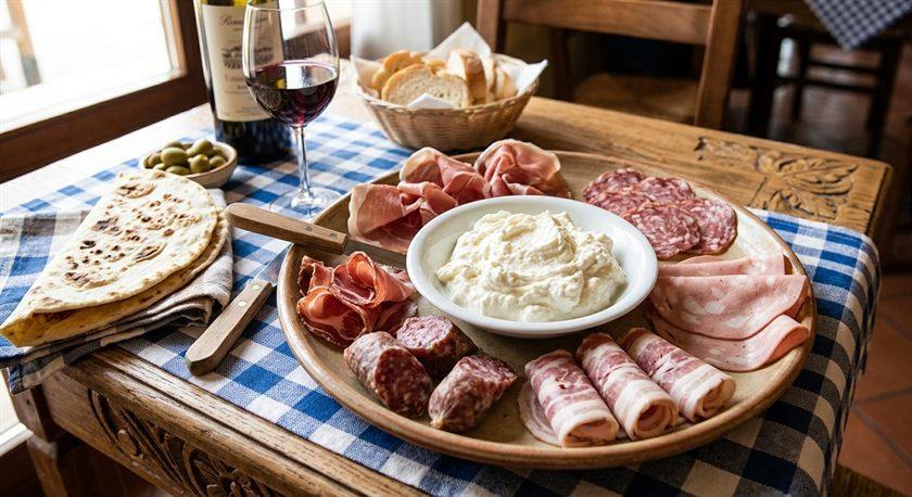 Un tagliere con squacquerone, salumi, olive e piadina, pronto da condividere