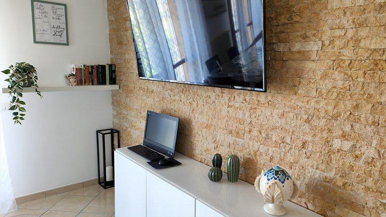 La parete in pietra con il televisore e la credenza bianca